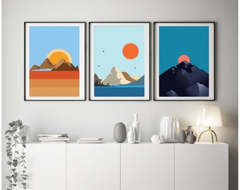 Colorful Minimalist Nature Landscape Art, Minimalist Mountain Vibrant Colors Wall Art, Orange Teal Yellow Poster, Sunrise Panorama Print Set