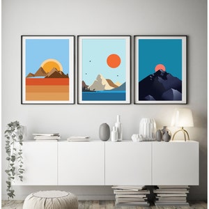 Abstract Minimalist Sunset Landscape, Minimalist Mountain Vibrant Colors Wall Art, Orange Teal Yellow Art, Sunrise Panorama Print Set