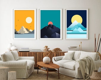 Scandinavian Modern Landscape Panorama Set of 3 Prints, Mountain and Lake Poster, Sunrise and Sunset Abstract Triptych, Full Moon Wall Art