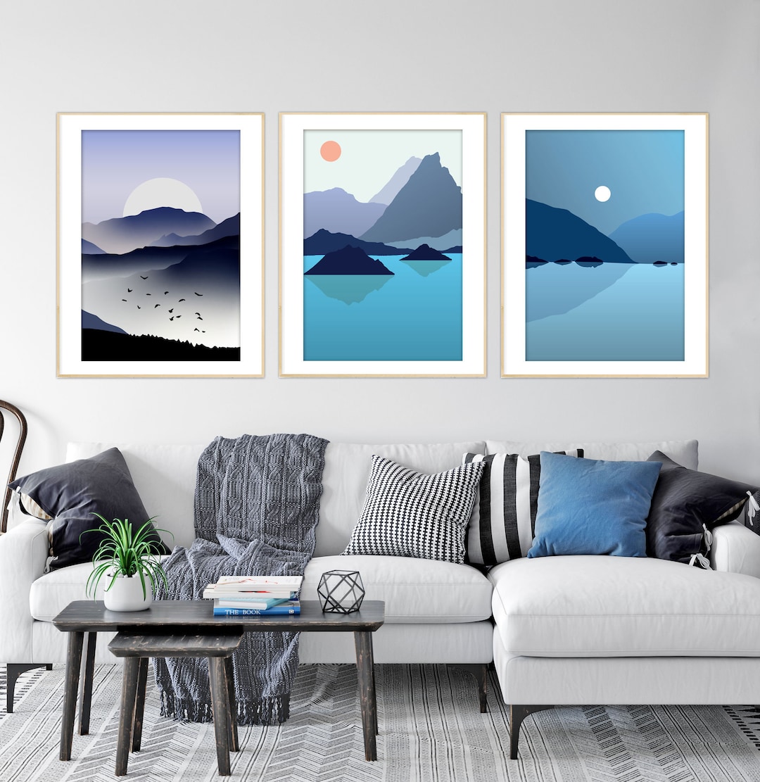 Abstract Landscape Art Set, Nordic Panorama, Modern Lake Birds