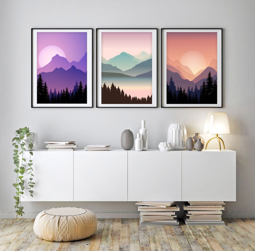 Nordic Mountain Landscape 3 Piece Set, Abstract Panorama Wall Art ...