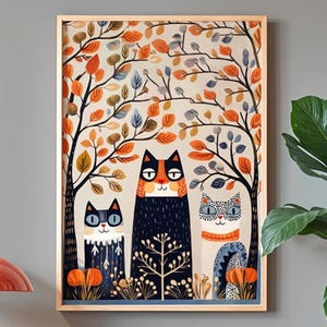 Lámina de arte popular escandinavo con gatos y bosque, ilustración de gatos Kurbits, arte mural nórdico, lámina de ilustración de gato otoñal, arte natural bohemio