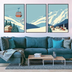 Skiing Landscape Triptych: Alps Mountain Print Set,  Ski Lift Artwork, Skier Decor