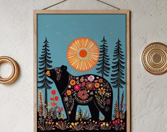 Kurbits Bear Print, Scandinavian Folk Art, Floral Forest on Paper or Canvas, Nordic Wall Decor, Boho Nature Artwork