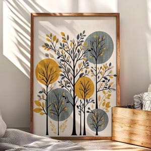 Lámina de arte mural de naturaleza: póster de bosque de arte popular, regalo hygge para amantes de la naturaleza, árboles minimalistas escandinavos, arte mural botánico de naturaleza
