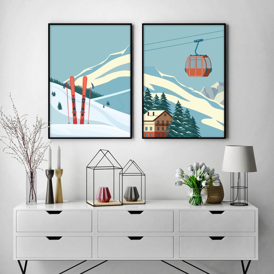 Ski Resort Wall Art Set, Winter Mountain Landscape Prints, Skiing Decor ...