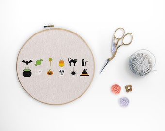 12 Mini Halloween Themed Cross Stitch Patterns for Gifts, Cards, Keychains, Sampers etc