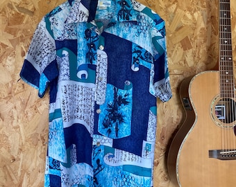 Vintage 1970s 1960s Hawaiian Shirt by Andrade Honolulu, Size S, cotton, oriental, metal buttons