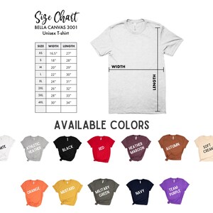 Peut inclure: T-shirt unisexe Bella Canvas 3001 blanc avec un tableau des tailles et les couleurs disponibles. Le tableau des tailles indique les mesures en cm pour les tailles XS &agrave; 4XL. Les couleurs disponibles incluent blanc, gris chin&eacute;, noir, rouge, etc.