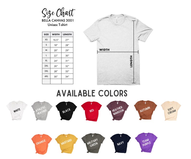 Peut inclure: T-shirt unisexe Bella Canvas 3001 blanc avec un tableau des tailles et les couleurs disponibles. Le tableau des tailles indique les mesures en cm pour les tailles XS &agrave; 4XL. Les couleurs disponibles incluent blanc, gris chin&eacute;, noir, rouge, etc.