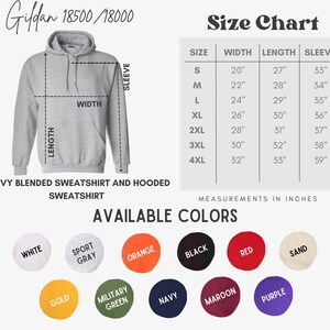 Peut inclure: Un sweat-shirt &agrave; capuche gris clair avec un tableau des tailles indiquant les mesures en pouces. Le tableau r&eacute;pertorie les tailles S &agrave; 4XL, avec les mesures correspondantes de largeur, de longueur et de manches. Les couleurs disponibles incluent blanc, gris sport, orange, noir, rouge, sable, or, vert militaire, marine, bordeaux et violet.