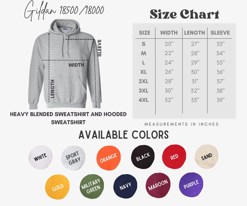 Peut inclure: Un sweat-shirt &agrave; capuche gris clair avec un tableau des tailles indiquant les mesures en pouces. Le tableau r&eacute;pertorie les tailles S &agrave; 4XL, avec les mesures correspondantes de largeur, de longueur et de manches. Les couleurs disponibles incluent blanc, gris sport, orange, noir, rouge, sable, or, vert militaire, marine, bordeaux et violet.