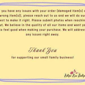 Peut inclure: Une carte jaune avec une bordure violette contient le texte &laquo;&nbsp;Si vous avez des probl&egrave;mes...&nbsp;&raquo; et &laquo;&nbsp;Merci de soutenir notre petite entreprise familiale&nbsp;!&nbsp;&raquo; Le logo Antique Rose Boutique est dans le coin inf&eacute;rieur droit.