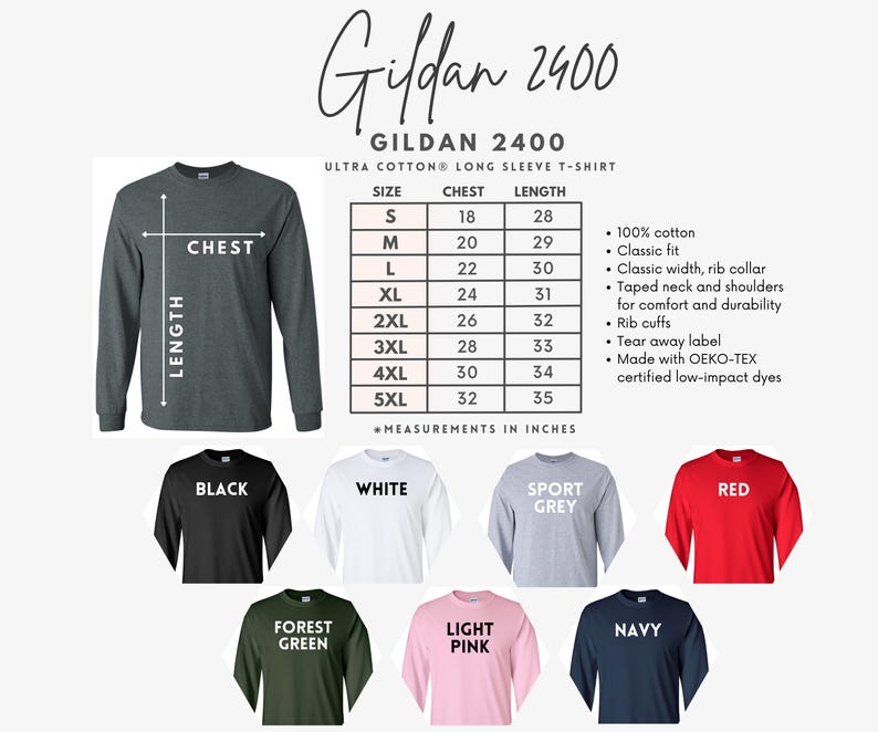 May include: A size chart for Gildan 2400 Ultra Cotton long sleeve t-shirts. The chart shows sizes from S to 5XL with corresponding chest and length measurements in inches. The chart also lists the fabric composition, fit, and other features of the t-shirts.