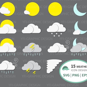 Colored weather Icons, Weather Symbols, Weather Icons Bundle Clipart, Weather icon Svg, Weather icon Png, Weather icon Eps, cloud, sun, moon