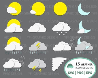 Colored weather Icons, Weather Symbols, Weather Icons Bundle Clipart, Weather icon Svg, Weather icon Png, Weather icon Eps, cloud, sun, moon