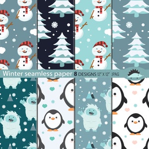 WInter digital background paper, snow scrapbook paper, Yeti digital paper, Penguin paper, Snowman JPG, Snowflake seamless patterns, winter