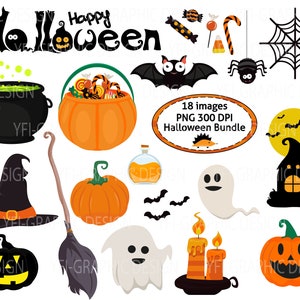 Halloween clipart bundle - Trick or Treat, pumpkin, bat, hat, broom, ghost, haunted house, potion, spider web, spider, cauldron, candle PNG
