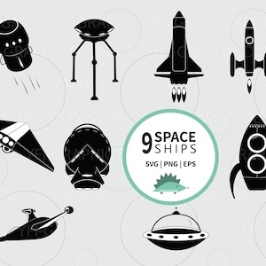 Spaceships cliparts silhouette, Rocketship, Ufo tripod, Retro Spaceship, Mothership, Space shuttle, Flying saucer, EPS, PNG, SVG
