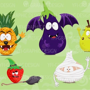 Halloween characters clipart / Halloween monsters PNG /pear-frankenstein /strawberry-witch /pineapple-werewolf/garlic-mummy/eggplant-vampire