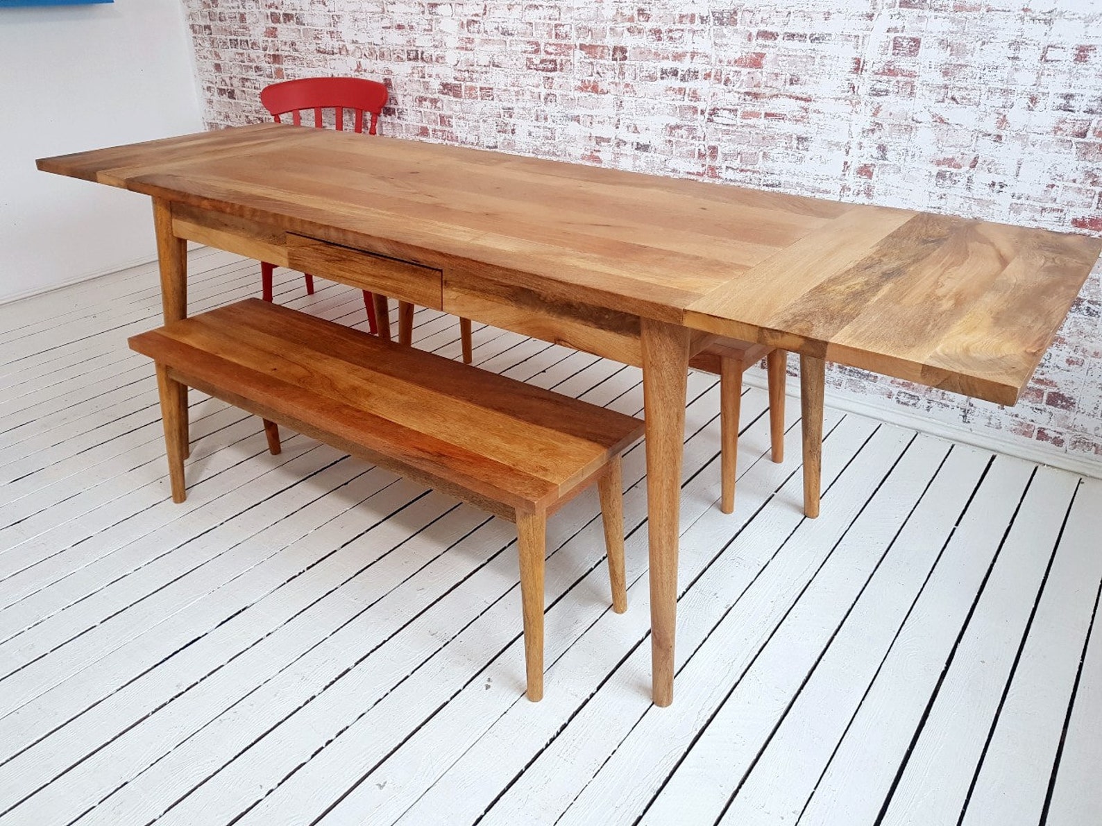 Midcentury Modern Extending Hardwood Dining Table & Bench Set 76cm