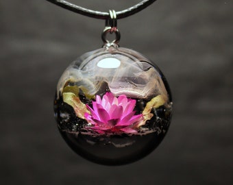 Wood resin pendant Flower necklace Glow in the dark Handmade jewelry Anniversary gift Birth flower pendant