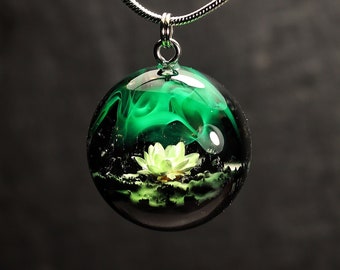 Wood resin pendant Aurora borealis Flower necklace Glow in the dark Handmade jewelry