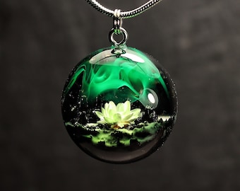 Wood resin pendant Aurora borealis Flower necklace Glow in the dark Handmade jewelry