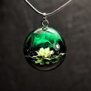 Wood resin pendant Aurora borealis Flower necklace Glow in the dark Handmade jewelry