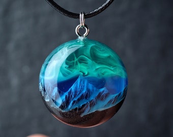 Resin necklace Northern lights Wood resin pendant