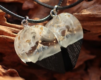 Wood Resin Heart Pendant Set – Glow Mountain Scene Necklaces