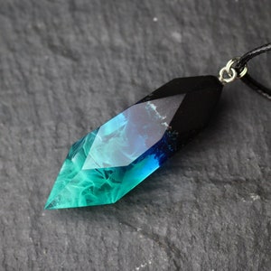 Wood resin pendant Aurora borealis necklace Northern lights lewelry Glow in the dark