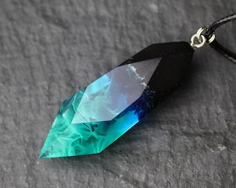 Wood resin pendant Aurora borealis necklace Northern lights lewelry Glow in the dark