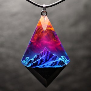Northern Lights Wood Resin Pendant Necklace, Aurora Borealis Resin Jewelry, Glow in the Dark Mountain Gift