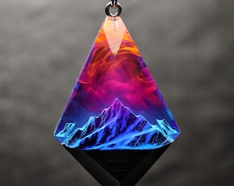 Northern Lights Wood Resin Pendant Necklace, Aurora Borealis Resin Jewelry, Glow in the Dark Mountain Gift