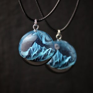 Wood resin necklace Glow in the dark Mountain necklace Handmade jewelry