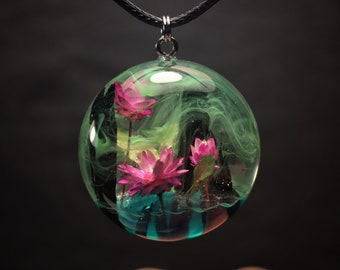 Wood resin pendant Flower necklace Aurora borealis Glow in the dark Handmade jewelry