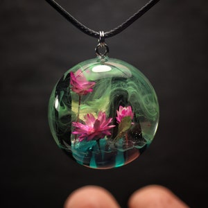 Wood resin pendant Flower necklace Aurora borealis Glow in the dark Handmade jewelry