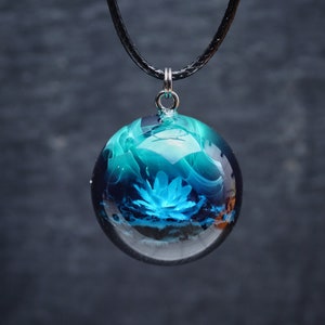 Wood resin pendant Aurora borealis Flower necklace Glow in the dark Handmade jewelry