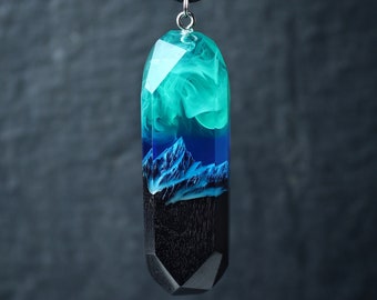 Wood resin pendant Dainty necklace Northern lights jewelry Glow in the dark