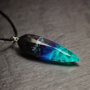 Wood resin pendant Aurora borealis Handmade necklace Glow in the dark