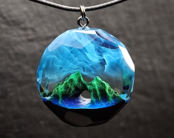 Wood Resin Mountain Pendant – Glow-in-Dark Handmade Summer Necklace