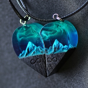 Wood resin paired heart pendants Mountains. Secret magical world inside necklace. Eco epoxy jewelry. Perfect gift for her. For man and woman