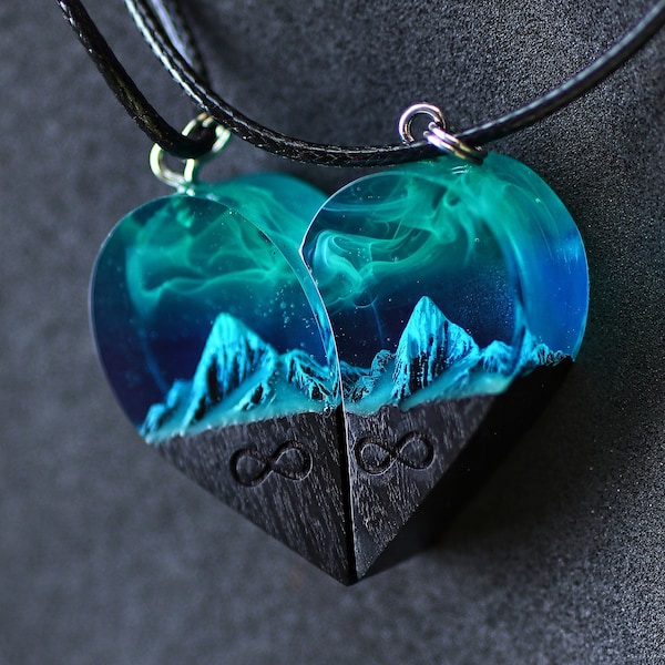 Wood resin paired heart pendants Mountains. Secret magical world inside necklace. Eco epoxy jewelry. Perfect gift for her. For man and woman