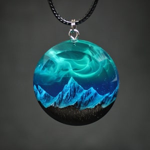 Aurora borealis Wood resin jewelry Northern lights Wood resin necklace Resin wood pendant Glow in the dark Gift for Her Birthday gift image 1