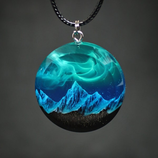 Aurora borealis Wood resin jewelry Northern lights Wood resin necklace Resin wood pendant Glow in the dark Gift for Her Birthday gift