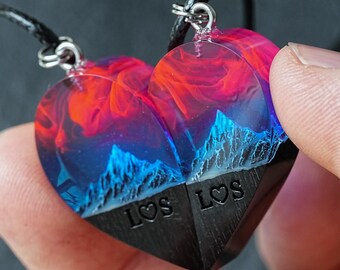 Wood Resin Heart Pendant Set – Nightfall Mountain Glow Necklaces