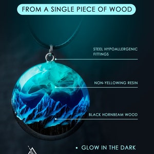 Aurora borealis Wood resin jewelry Northern lights Wood resin necklace Resin wood pendant Glow in the dark Gift for Her Birthday gift image 2