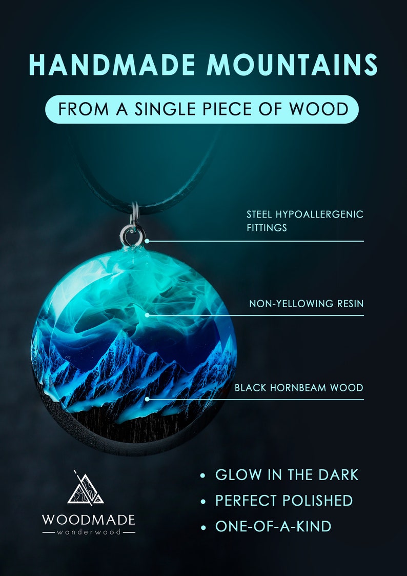 Aurora borealis Wood resin jewelry Northern lights Wood resin necklace Resin wood pendant Glow in the dark Gift for Her Birthday gift image 2