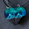 Wood resin paired heart pendants Mountains. Secret magical world inside necklace. Eco epoxy jewelry. Perfect gift for her. For man and woman product logo
